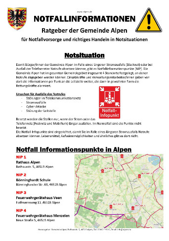 Flyer der Gemeinde Alpen mit Notfallinformationen Seite 1